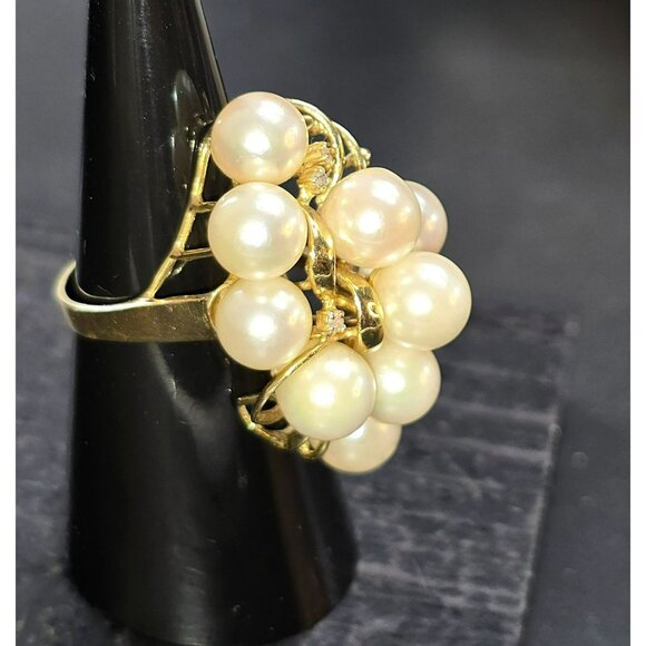 Vintage 14K Gold Cocktail Ring With Cultured Pearls & Diamonds Size 6.75 HS81 - Picture 4 of 16